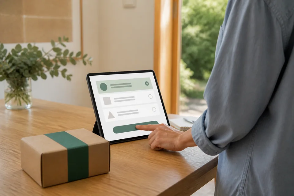 The same sender choosing a delivery option on a tablet beside the packed parcel